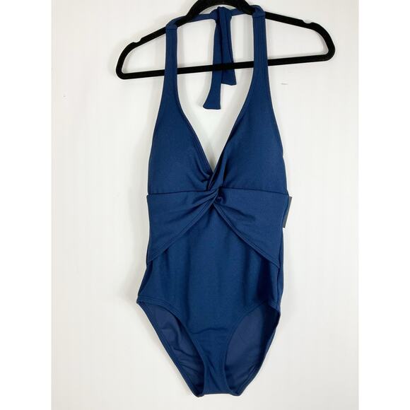 Ellen Tracy Womens One Piece Bathing Suit Swimsuit Navy Blue Halter Tie Neck - Picture 1 of 5